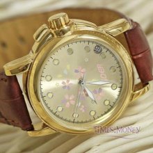 Womens Fashion Golden Dial Automatic Wristwatch Luxury Date Brown Faux Leather