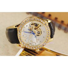 Womens Luxury Gold Heart Pattern Crystal Case Automatic Mechanical Watch Leather