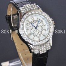 Womens Luxury Silver Crystal Analog Quartz Ladies Leather Wrist Watches W47