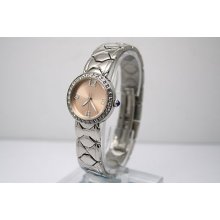 Womens Silver Stainless Steel Round Rhinestone Fashion Peach Dial Dress Watch