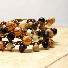 Wood Bead Crochet Wrap Bracelet, Boho Chic Bracelet, Bohemian Crochet Jewelry, Wood Boho Jewelry