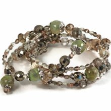 Wrap bangle bracelet set with light green agates, pyrite, crystal beads, set of two, bohemian