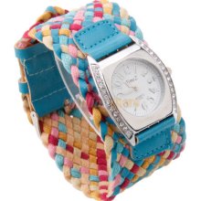 Wrist Quartz Watch Weaved Band Round Diamante Belt Dial Color Option