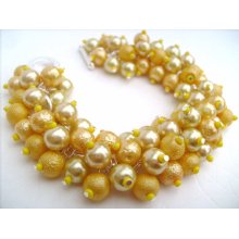 Yellow Bridesmaid Jewelry, Yellow Pearl Beaded Bracelet, Cluster Bracelet, Pearl Bracelet, Bridesmaid Gift - Handmade Jewelry By Kim Smith