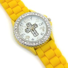 Yellow Cross Silicone Rubber Band Crystal Bezel Women's Watch