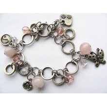 Yin-Yang Butterfly Heart Charm Bracelet, Genuine Pink Quartz Stone