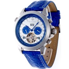 Yves Camani Men's Automatic Watch Worldtimer Silber/Blau Yc1029-H With Leather Strap