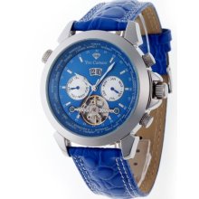 Yves Camani Men's Automatic Watch Worldtimer Stahl Blau Yc1029-D With Leather Strap