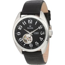 $350 New BULOVA Mens Automatic Round Stainless Steel Watch Black Leather Band - Black - Stainless Steel