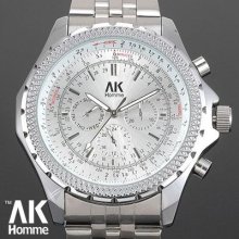 Ak-homme Pilot Military Mens Silver Automatic Mechanical Watch Day Date