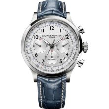 Baume and Mercier Capeland Silver Dial Chronograph Blue Leather Mens Watch MOA10063