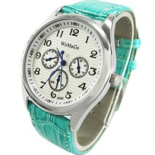 Blue Synthetic Leather Band Analog Hours Quartz Women Wrist Watch Round Chic