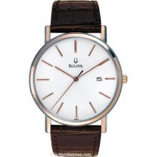 Bulova Mens Rose Gold & Brown Leather Mens Watch - White Dial - Date 98H51