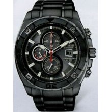 Citizen Eco Drive Men`s Black Chronograph Wr200 Watch W/Carbon Fiber Inlay