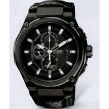 Citizen Eco Drive Men`s Black Chronograph Wr200 Watch W/ Leather Strap