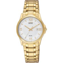 Citizen Ladies Eco-Drive Gold Tone Stainless Steel Case and Bracelet White Dial Date Display EW1912-51A