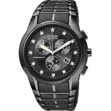 Citizen Men's Black Stainless Steel Eco-Drive Chronograph Black Dial Diamonds AT2055-52G