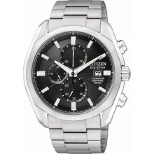 Citizen Mens Eco-Drive Chronograph Titanium Watch - Silver Bracelet - Black Dial - CA0020-56E