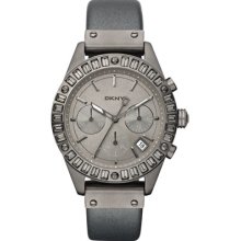 DKNY Womens Glitz Crystal Bowery Chronograph Stainless Watch - Gray Leather Strap - Gunmetal Dial - NY8653