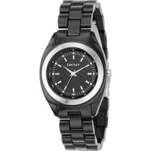 DKNY Women's White Crystal Black Dial Black Plastic