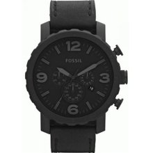 FossilÂ® Black Nate Stainless Steel and Leather Watch-Black