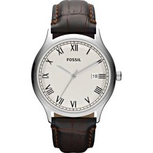Fossil Mens Ansel Analog Stainless Watch - Brown Leather Strap - White Dial - FS4737