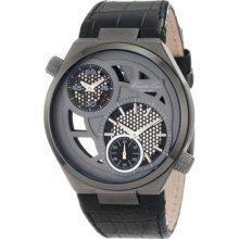 Kenneth Cole Mens New York Dual Time Stainless Watch - Black Leather Strap - Skeleton Dial - KC1777