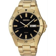 Men's Gold Tone Stainless Steel Case and Bracelet Black Tone Dial Day