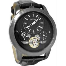 Men's Grant Stainless Steel Case Leather Bracelet Black Skeleton