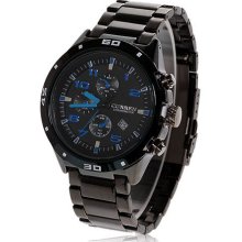 mens new Curren stainless steel quartz watch w/black & blue face black finish