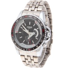 mens new Mike stainless steel chrome quartz watch black white & red face