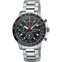 Men's Silvertone Stainless Steel Solar Alarm Chrono Watch With Red