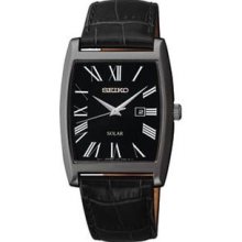 Men's Solar Stainless Steel Rectangle Case Black Leather Strap Black