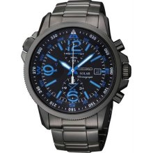 Men's Solar Stainless Steel Case and Bracelet Chronograph Black Dial B