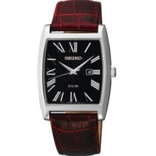 Men's Solar Stainless Steel Rectangle Case Leather Strap Black