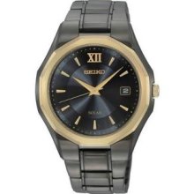 Men's Stainless Steel Solar Quartz Black Dial Gold