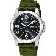 Men's Stainless Steel Solar Quartz Black Dial Green Nylon Strap