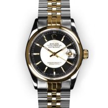 Men's Two Tone Black Tuxedo Stick Dial Smooth Bezel Rolex Datejust