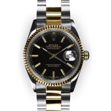 Men's Two Tone Oyster Black Stick Dial Fluted Bezel Rolex Datejust