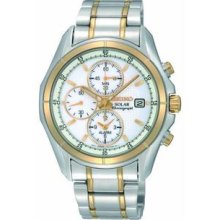 Men's Two Tone Stainless Steel Solar Quartz Alarm Chronograph White