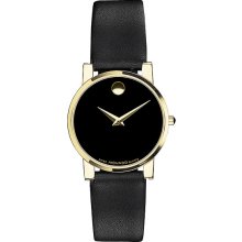 Movado Men's Gold Tone Moderna Leather Strap Black Dial 0604228