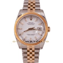 Rolex Mens New Style Heavy Band Stainless Steel & 18K Rose Gold Datejust Model 116231 Jubilee Band Fluted Bezel & Factory White Stick Dial