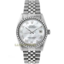 Rolex Mens Watch Ss Datejust 16014 Mop Roman Dial & 1ct Diamond Bezel Mint