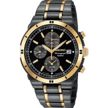 Seiko Men's Black Two Tone Stainless Steel Alarm Chronograph Black Dial SNAA30