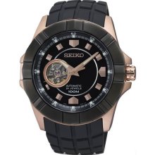 Seiko Men's Rose Gold Tone Stainless Steel Case Rubber Strap Automatic Black Dial SSA078
