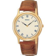 Seiko Men's Strap Gold-Tone Light Brown Leather Strap WR 30 SKP332