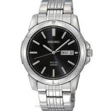 Seiko Solar Mens Stainless Steel Day/Date Watch - Black Dial - 100m SNE093