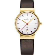 SKAGEN Denmark New Womens Round Analog Watch Brown Leather Band Stainless Steel - Brown - Leather