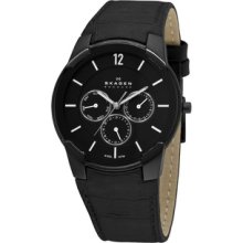 Skagen Men's 'Steel' Black Dial Leather Strap Multifunction