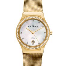 Skagen 'Mesh' Round Crystal Bezel Watch Gold